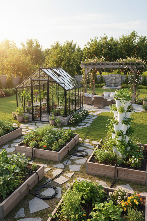 A beautifully finished backyard featuring a greenhouse, raised cedar beds, a vertical tower, and irrigation, golden afternoon light