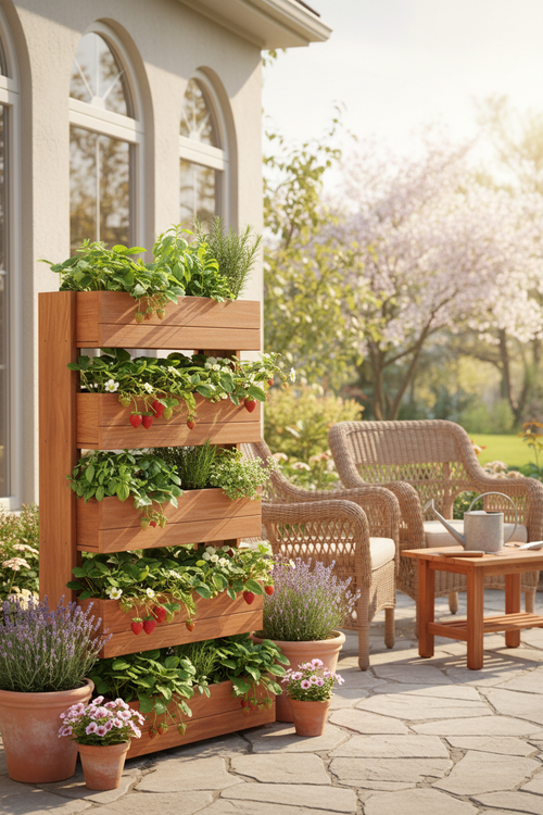 A six-tier cedar vertical garden tower planted with strawberries and herbs on a sunny patio