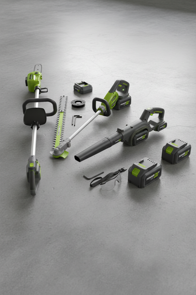A matched set of cordless landscaping power tools with batteries arranged on a workshop floor