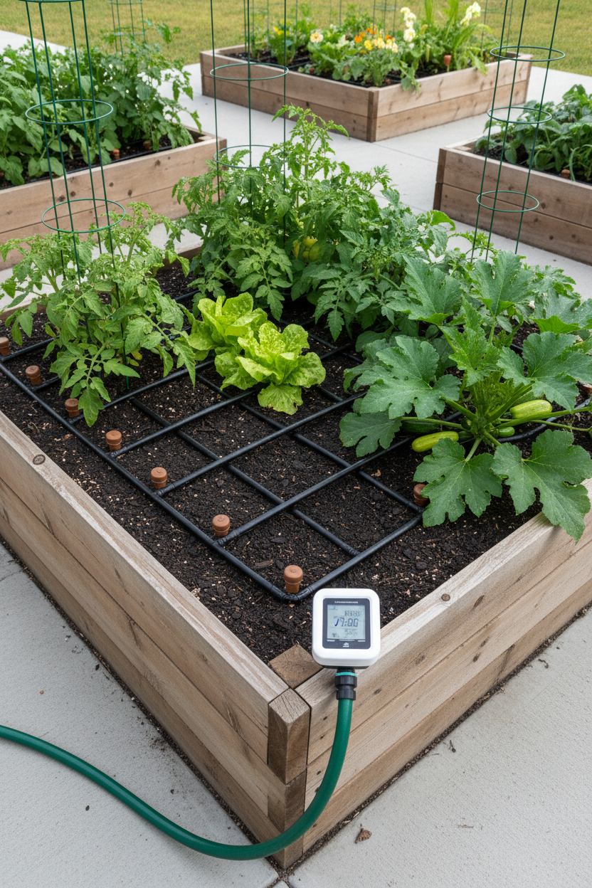 A neatly laid drip irrigation system with tubing and emitters running through a lush raised garden bed with a smart timer on a post