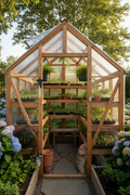 A walk-in cedar-framed greenhouse with polycarbonate panels in a backyard garden filled with seedlings and shelving