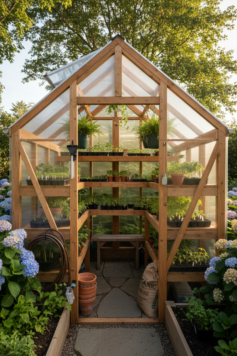 A walk-in cedar-framed greenhouse with polycarbonate panels in a backyard garden filled with seedlings and shelving